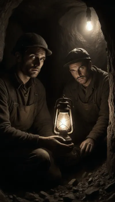 Underground french miners, in 1910's, face are dirty covered by coal, in a dark mine, they hold a kerosene lamp, they are worried, landslide in galerie, dramatic atmosphere, (black and white drawing), (charcoal drawing style), Charcoal, drawing, <lora:Charcoal3.0:2>, novuschroma21, style, <lora:CBS_novuschroma21 style:.8>
