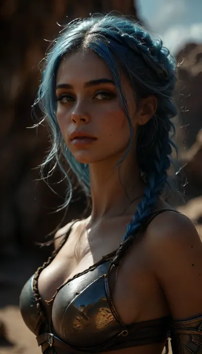 The whole body is depicted in full growth shows his butt to the viewer The girl is depicted in a full-on scene in the center, a desert landscape, a riot of the elements, an attractive Viking with long blue hair, braids on his head Full body photo, long beautiful legs, Smolder. It's a beguiling expression. Wearing linen desert leather armor, Fighting the elements in the desert No helmet, the background is desert. digital painting, digital illustration, extreme details, digital art, 32k, ultra hd, beautiful character portrait d&d, dark fantasy, detailed, realistic face, intricate armor, five-jet character, lope, Stanley Arthur Lau, Ilya Kuvshinov, art station, octane render, hyperrealism, dynamic lighting, unreal engine, clean lines, deviant, discordia, dark skin, feminine, hair, over, one, eye, elf, pointy, ears, parting, lips, yellow eyes, 4ng3l, face, <lora:DetailedEyes_V3:2>, <lora:dark:2>, <lora:SDXL_BetterFaces-LoRA_v1:1.1>, <lora:MJ52:.3>