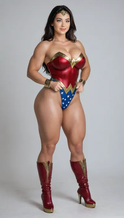 aidmaRealisticPeoplePhotograph, raw, lighting, overexposed, harsh, flash, score_9, score_8_up, score_7_up, score_6_up, lady is pretty korean girl, beautiful face, pale skin, fat cheeks, brown eyes, narrow shoulders, small feet, fake breasts, black long length hair, clenched fists on hips, (super slim upper body:1.3), (excessively bulky and muscular lower body:1.3), (massive muscular thighs:1.7), (thin hips:1.1), (thin calves:1.1), horny expression, (wicked smile:1.3), (cosplay, extremely sexy and short Wonder Woman classic suite, wonder woman tiara, Wonder Woman bracelets), (Wonder Woman boots, bright_red, knee-high, golden platform, golden high heels), full view, full body in image, the whole body in image, photorealistic, hdri, realistic, super real, hyper realistic, ultra realistic, ((perfect eyes)), ((Ultimate realistic photo details)), (((dynamic sexy pose))), (simple white background:1.6), detailxl, igbebe, <lora:SDXLHighDetail_v6-000005:.8>, <lora:Rawfully Stylish v0.2_epoch_20:.8>, <lora:MJ52:.8>, <lora:attractive_notrigger:.8>, <lora:IG_Babe:.8>