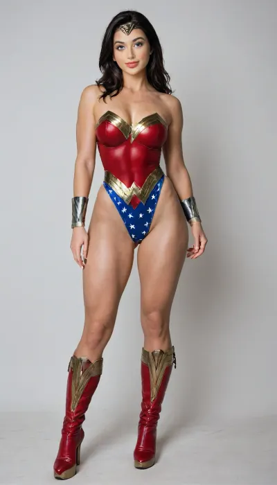 aidmaRealisticPeoplePhotograph, raw, lighting, overexposed, harsh, flash, score_9, score_8_up, score_7_up, score_6_up, lady is pretty korean girl, beautiful face, pale skin, fat cheeks, brown eyes, narrow shoulders, small feet, fake breasts, black long length hair, clenched fists on hips, (super slim upper body:1.2), (excessively bulky and muscular lower body:1.8), (muscular thighs:1.8), (thin hips:1.1), (thin calves:1.1), horny expression, (wicked smile:1.3), (cosplay, extremely sexy and short Wonder Woman classic suite, wonder woman tiara, Wonder Woman bracelets), (Wonder Woman boots, red, knee-high, platform, high heels), (wide golden stripe in around the boots), full view, full body in picture, the whole body in picture, photorealistic, hdri, portrait, realistic, super real, hyper realistic, ultra realistic, ((perfect eyes)), ((Ultimate realistic photo details)), (((dynamic sexy pose))), (simple white background:1.6), detailxl, igbebe, <lora:SDXLHighDetail_v6-000005:.8>, <lora:Rawfully Stylish v0.2_epoch_20:.8>, <lora:MJ52:.8>, <lora:attractive_notrigger:.8>, <lora:IG_Babe:.8>