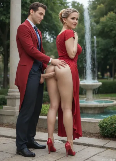 (no panties on butt:1.3), (full view:1.3), (full length view:1.3), (looking at viewer:1.3), diamond hoop earrings, red dress, elegant blonde girl, smiling, in a park, fountain, (man standing behind, having anal sex:1.3), (penis in anus:1.3), (side view:1.2), 1910_dr3ss, Fortuny, <lora:Belle_Epoque_Dresses_1880-1914_XL:1.5>