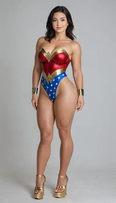 aidmaRealisticPeoplePhotograph, raw, lighting, overexposed, harsh, flash, score_9, score_8_up, score_7_up, score_6_up, lady is pretty korean girl, beautiful face, pale skin, fat cheeks, brown eyes, narrow shoulders, small feet, fake breasts, black long length hair, low ponytail, clenched fists on hips, (super slim upper body:1.1), (excessively bulky and muscular lower body:1.7), (muscular thighs:1.7), (thin hips:1.1), (thin calves:1.1), horny expression, (wicked smile:1.3), (cosplay, extremely sexy and short Wonder Woman suite), wonder woman tiara, Wonder Woman bracelets, (she has golden high heeled golden platform:1.6), full view, full body in picture, the whole body in picture, photorealistic, hdri, portrait, realistic, super real, hyper realistic, ultra realistic, ((perfect eyes)), ((Ultimate realistic photo details)), (((dynamic sexy pose))), (simple white background:1.6), detailxl, igbebe, <lora:SDXLHighDetail_v6-000005:.8>, <lora:Rawfully Stylish v0.2_epoch_20:.8>, <lora:MJ52:.8>, <lora:attractive_notrigger:.8>, <lora:IG_Babe:.8>