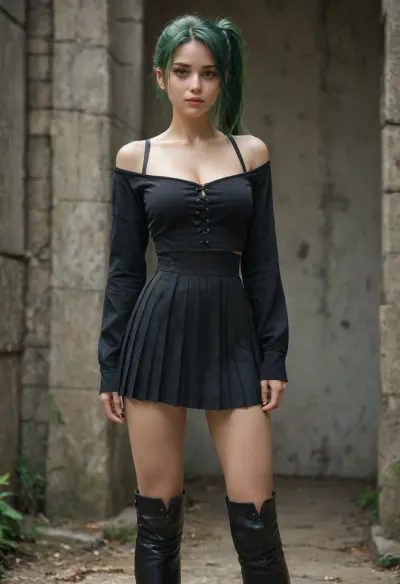 score_9, score_8_up, score_7_up, score_6_up, Masterpiece, best quality, ubel, (frieren), long green hair, side ponytail, (black off-the-shoulder cropped dress with a thin strap betweem her cleavage and a pleated skirt, large sleeves, white trim on clothes, black thigh-high boots, single black elbow-length glove on right arm, two black bands on upper left arm, silver band on upper right arm, black bands on thighs, indifferent expression, mage), standing, full body, anime art style, detailed background, 1girl, solo, green, hair, long, side, ponytail, purple, eyes, <lora:Ubel:.8>