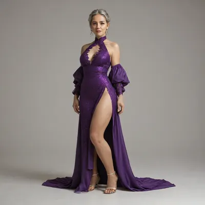 40 year old woman, wearing a purple satin dress, full body image