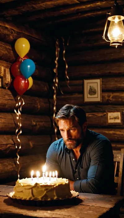 Dark, cinematic, ultra-realistic scene of a handsome, muscular man in his 40s with a short beard, sitting completely alone at a rough wooden table inside a rustic log cabin at night. The room is nearly swallowed by shadow, lit only by faint fire embers and a single birthday candle burned down to a blackened nub on a poorly decorated cake, melted wax hardened into the frosting. Behind him, a hand-painted birthday banner sags and peels from the wall, clearly left hanging too long. Deflated balloons and limp streamers hang motionless. No gifts, no extra chairs, no plates. The man sits still, shoulders heavy, staring at the cake with quiet resignation. Low-key lighting, deep shadows, muted colors, shallow depth of field, bleak and intimate cinematic realism.