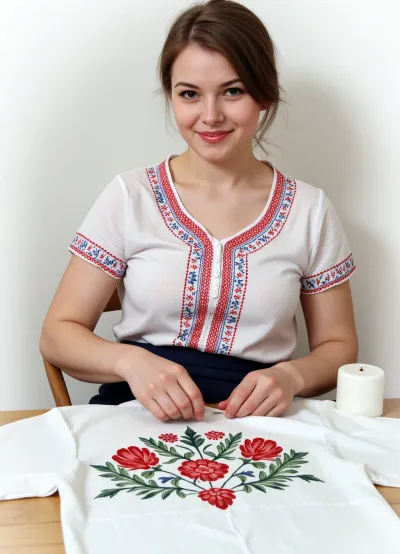 Hyperrealism
Impressionist painting in watercolor style, {watercolor portrait of a woman embroiderer painted in watercolor creates a Slavic embroidery pattern on an embroidered shirt laid out on a table using thread and a needle, (double exposure), (picture in a picture), (robots at work), Slavic pattern on a white shirt, (watercolor double exposure), (picture within a picture), (work process), watercolor style, painting process, . The correct requested style of watercolor, painting, bright colors, play of light and shadow, conveying feelings through form.