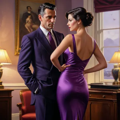 A Jack Vettriano style painting, of a man and woman, she is wearing sexy bodycon purple satin dress