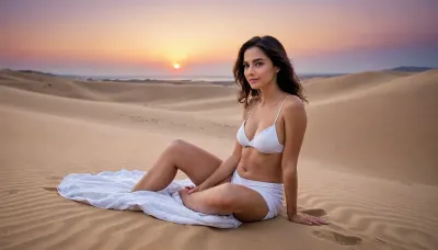 A mature woman sits on top of a sand dune at sunset.
Key Elements, A woman aged 20-25, calm and smiling.
A dune in the middle of the desert.
Description of the Girl, Arab-looking woman with thick eyebrows, bright makeup, dark, smooth skin, long, beautiful legs, large, natural breasts with erect nipples, a very thin waist, an athletic body, a curvaceous buttocks, and long, black hair.
Image Details, The woman is barefoot, wrapped in a thin, white, translucent fabric, the fabric fluttering in the wind.
Her hair flutters freely in the wind.
Her beautiful face is turned toward the horizon.
Realism with elements of 19th-century Romanticism.
Additional Requirements, The light is soft and diffused, creating a feeling of warmth and peace. The image conveys a sense of peace and connection with nature.