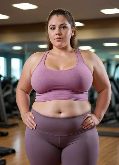 Sweaty BBW at gym tight yoga pants and top hard nipples full body HD bokeh soy lighting
