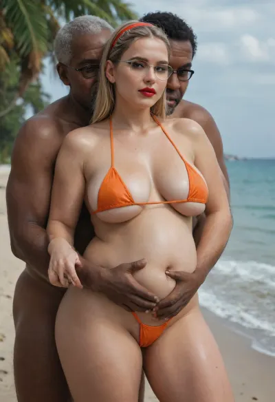 50 year old milf, blonde hair, 9 months pregnant, hair band, glasses, red lipstick, wearing gothic makeup, medium breasts, massive ass, wearing, orange, shiny bikini, on beach, all wet body, sultry look, front view, thong bikini bottom, African hairy fat man next to her, fat, ugly, old African man, African man penis visible, side to side with her, hugging her, pussy fingering