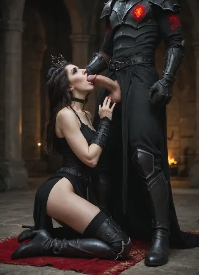 beautiful sexy 3000 years old woman, vampire, bright red eyes, hollow cheeks, sharp jawline, black hair, long straight hair, white skin, pale skin, skinny, rounded boobs, (2 cup size), rounded ass, long legs, 6.1ft tall, seductive, evil, powerful, evil dark armor, (armor is black color and have bloodied spikes on shoulders and is paired with short revealing black skirt), long black steel boots with greaves, dark steel gauntlets, choker, Teenager'S 80D Opaque Tights, dark spiked evil crown on head, (crown have red blood glowing gems), blowjob, pain, crying, choking, pleasure, indoors, gothic castle, (must look evil and dark with gargoyles statues around), there are no windows in castle, dark lighting, very very low brightness, almost no light source in castle, dungeon