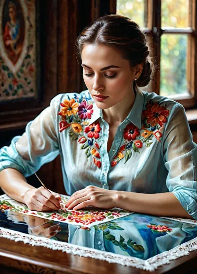 Hyperrealism
Impressionist painting in watercolor style, {watercolor portrait of an embroiderer, painted with transparent oil watercolor, (creation of a Slavic pattern with diamonds on a shirt laid out on a table), (using thread and a needle), (image painted with transparent oil watercolor), (double exposure), (picture within a picture), (work process), Slavic embroidered pattern in watercolor on a white shirt, (watercolor double exposure), (watercolor painting within a painting), in watercolor style, embroidery process. Reference to Sargent's works. Requires watercolor style, bright colors, play of light and shadow, conveying feelings through form. This image is a bright, highly detailed watercolor painting/illustration/sketch/drawing/artwork in the style of WatercolorSketch.