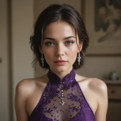 40 year old woman, wearing a purple satin dress