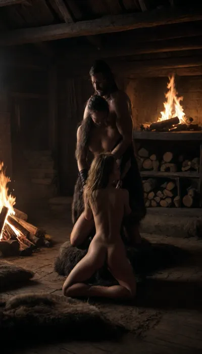 A highly detailed, photorealistic scene set inside a Viking chieftain’s longhouse during the 14th century. The interior is rugged and authentic, with thick, soft animal furs—often sheepskins—spread out as makeshift bedding. Large central fire pits illuminate the space, with a big chimney above to vent the smoke. In the foreground, a kneel Nordic woman has sex lightly dressed on the furs with the masculine chieftain, (strong chieftain:1.3), a tall and muscular figure, stands by the fire, his silhouette highlighted by the warm, flickering light. The woman, seen from behind, kneels, shows her slender, athletic form as she watches him with longing. The atmosphere is filled with the smoky, dim light of torches on the walls, and the rough-hewn wood of the longhouse adds to the rustic charm. The interplay of light and shadow creates a romantic and intimate mood, capturing the essence of Viking life, The scene is rich in detail, capturing the intensity of the rain and the atmosphere of the night, (ziprealism:1.3), ultra-sharp details, realistic skin texture, refined contrast, 8k detail, authentic facial expression, clean composition, (maximum photo quality:1.4), (maximum resolution:1.5), <lora:dark:.1>, <lora:Vikings:.8>