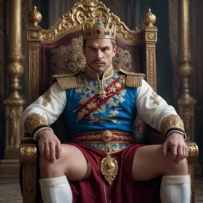 Russian Tsar, muscular body, royal clothing, sitting on a throne, sword in his left hand, scepter in his right, stern look, gloomy surroundings