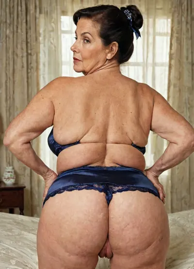Small elder mature granny with dark short hair. Age 72 years old . Chubby granny. Plumper natural . Ponytail . Black t-sirt . Breasts. round ass. Dark blue satin Silk big lace briefs. Old skin huge floopy milkers . All fours, hairy asshole, white fat ass.