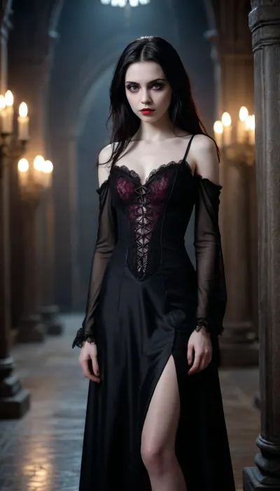 1 Gothic Vampire Girl, (20 Years old, FULL BODY, Clonated face), (Small breasts, Neat figure, Very pale skin), (Big light purple eyes, Mysterious Gaze, Exaggeratedly beautiful face), (Shoulder-length hair, Straight hair, Excessively deep black hair), ., (In a dark Vampire's lair), (Sexy gothic vampire-style dress), (Extrem long shot, Panoramic shot of her, FULL BODY)
