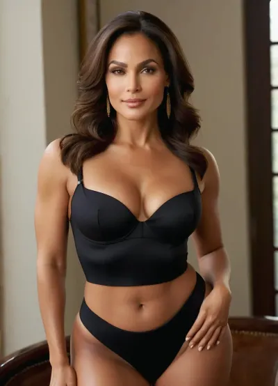 A beautiful 45-year-old woman. She has an oval-shaped face with soft, balanced proportions and a smooth, tanned olive skin tone that appears flawless and radiant with a subtle glow from bronzer. Her cheekbones are high and prominently sculpted, adding definition and a glamorous contour to her features. The forehead is moderately broad, blending seamlessly into her arched, full eyebrows that are dark brown, neatly groomed, and slightly curved upward for an expressive, alert appearance. Her eyes are almond-shaped and captivating, with dark brown irises that have a warm hazel undertone in certain lighting, they are set at a slight upward angle, framed by long, thick dark lashes that give a naturally sultry, bedroom-eyed look—accentuated by smoky eyeliner or mascara for added intensity. The bridge of her nose is straight and refined, with a medium length and a softly rounded tip that fits harmoniously without drawing attention away from her other features. Below, her lips are full and plump, with a well-defined Cupid's bow on the upper lip and a slightly fuller lower lip, curved into a subtle, inviting smile. They have a natural rosy hue but are frequently enhanced with glossy or matte nude lipstick. Her jawline is softly defined—feminine and tapered without being sharp—flowing into a gently rounded chin that maintains the overall softness of her face. Her hair is long, dark brown, worn loose and wavy, falling past her shoulders in thick, lustrous layers. It's parted down the middle or slightly off-center, with a healthy shine and subtle highlights. She stands at 5 feet 4 inches, tall, with an athletic yet voluptuous hourglass build that emphasizes dramatic curves while maintaining a toned, fit silhouette—think a weight of around 125 pounds, distributed in a balanced, proportional way. Her bust is notably full and rounded, measuring 34DDD, sitting high on her chest with natural cleavage that's prominent but elegantly proportioned. This contrasts sharply with her slim 25-inch waist, which is narrow and cinched, creating a striking taper from bust to midsection. Her midriff is flat and subtly defined with faint muscle lines from core strength.
Her hips flare out to 36 inches, wide and curvaceous, leading to a prominent, heart-shaped buttocks that's firm, lifted, and rounded—often highlighted in form-fitting clothing for its shapely fullness. Her legs are toned and shapely, with smooth, athletic thighs that taper into defined calves. They're proportional to her height, appearing longer and leaner when paired with heels, and feature a subtle curve from hip to ankle. Her arms are slender and elegant, with toned biceps and forearms showing light muscle definition without bulk, ending in delicate hands with manicured nails. Overall, her posture is confident and poised, with a natural arch in her lower back that accentuates her curves, and her skin maintains that same tanned, smooth texture across her body, often glowing with a light sheen.