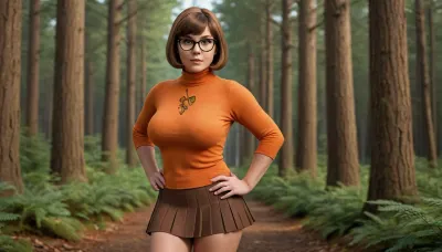 photorealism, 8k, stylized cosplay Velma from Scooby-Doo., (pretty face:1.3), She is captured mid-stride, running through a dense forest setting with a dynamic and energetic pose. Her expression is one of focused determination – a slight smile plays on her lips as she looks ahead.

Velma wears her signature orange turtleneck sweater and brown glasses, rendered with crisp lines and vibrant colors characteristic of the Scooby-Doo aesthetic. She’s wearing a short red pleated skirt that emphasizes her legs. The forest background is composed of stylized trees with exaggerated trunks and branches, creating a sense of depth and movement. The lighting is dramatic – a warm, golden light source illuminates Velma from above, casting strong shadows that add to the dynamism of the scene.

Details to include, clean linework defining her form, bright, detailed rendering of her glasses and sweater texture, (big breast:1.4), nipples, (short pretty skirt:1.4), realistic depiction of tree bark and foliage, a sense of motion conveyed through blurred lines and dynamic composition. The overall style is reminiscent of classic Hollywood Cinema – bold, expressive, and full of energy.

Resolution, High resolution suitable for digital illustration.