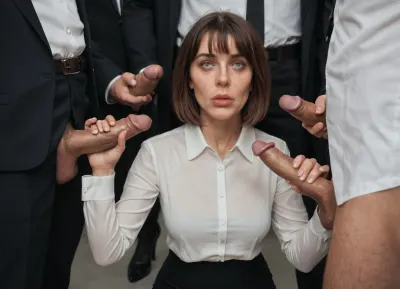 (masterpiece, best quality, ultra detailed, photorealistic, highres), humiliated woman in an office surrounded by five businessmen wearing in suits, handjob, (mature woman Anna 40 years old, (dark straight medium bob hair with bangs), (thin narrow triangular face, narrow long nose, feint small amount of freckles across nose, thin narrow lips, dark grey eyes, caucasian, no makeup), petite skinny body, (skinny:1.3), natural small flat sagging tits, no tattoos), look a viewer, shocked, (wearing white blouse, black skirt, black tights, heels), kneeling