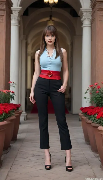 1 Girl, (30 Years old, FULL BODY, clonated face), (Huge breasts, Neat figure, Shapely legs), (Light blue eyes, Deep gaze), (Long hair, Straight hair, Bangs, Brown hair), (In a dark labyrinth of death), (Black and red tank top with flower brooch, elegant red belt, black and white flared fitted trousers, open-toe high heels), (Extrem long shot, Panoramic shot of her, FULL BODY)