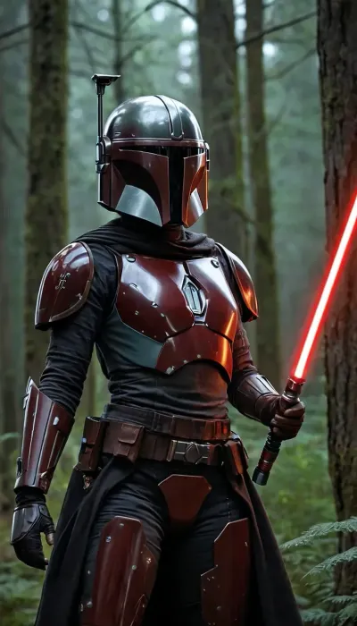 A female mandalorian, sleek revealing black armor with red details, bare skin, forest planet with space ship in the back round, wielding a red lightsaber, fantasy, highly detailed, digital painting, artstation, sharp focus, fantasy art, illustration, 8k, in the style of greg rutkowski. It's an absolute world-class masterpiece artwork. It's an aesthetically pleasing artwork with impeccable attention to detail and impressive composition.