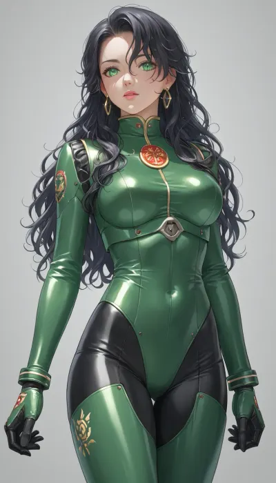 80s Anime cartoon show. 28 year old girl, she is tall, black long hair, stands beside her white and green mecha robot. She is in the process to get her soldier clothes on.