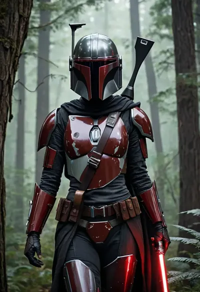 A female mandalorian, sleek revealing black armor with red details, bare skin, forest planet with space ship in the back round, wielding a red lightsaber, fantasy, highly detailed, digital painting, artstation, sharp focus, fantasy art, illustration, 8k, in the style of greg rutkowski. It's an absolute world-class masterpiece artwork. It's an aesthetically pleasing artwork with impeccable attention to detail and impressive composition.