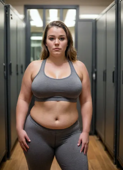 Sweaty BBW at gym tight yoga pants and top hard nipples full body HD bokeh harsh lighting peeling top off locker room