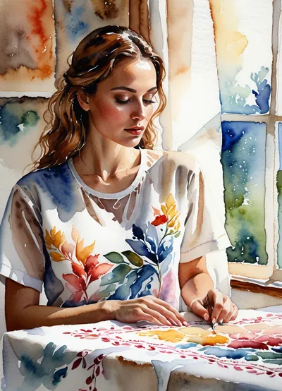 Hyperrealism
Impressionist painting in watercolor style, {watercolor portrait of an embroiderer, painted with transparent oil watercolor, (creation of a Slavic embroidery pattern with rhombuses), ., (on an embroidered shirt laid out on a table), with thread and needle, (image painted with transparent oil watercolor), (double exposure), (picture within a picture), (work process), Slavic pattern in watercolor, on a white shirt, (watercolor double exposure), (watercolor painting within a painting), in watercolor style, painting process}. Reference to Sargent's works. Required watercolor style, bright colors, play of light and shadow, conveying feelings through form. This image is a bright, highly detailed digital watercolor painting/illustration/sketch/drawing/artwork in the WatercolorSketch style., <lora:watercolor_v1_sdxl:.8>