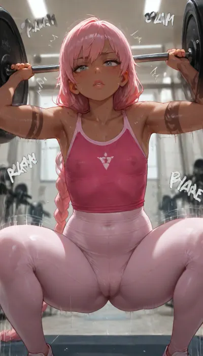 1girl, petite, sweating, (dark skin), (((tattoos))), (highly detailed gray eyes), (((freckles))), (button nose), (((full lips))), struggling expression, (very long braided pink hair, flat chest with large areola and erect nipples under cropped large pink athletic tank top, tight pink athletic leggings with camel toe), (squatting using barbell, body shaking, legs shaking), (gym, large mirrors, scattered workout equipment), (((motion lines, speed lines, sound effects))), (depth of field), (low light, soft focus, realistic, high quality, high contrast, highly detailed, rim lighting)