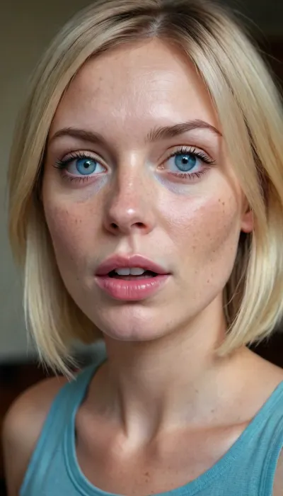 1girl, average height, french, bob cut blonde hair, 37 years old, thin, slim, solo, blue eyes, perfect eyes, realistic, freckles, lick her lips by her tongue