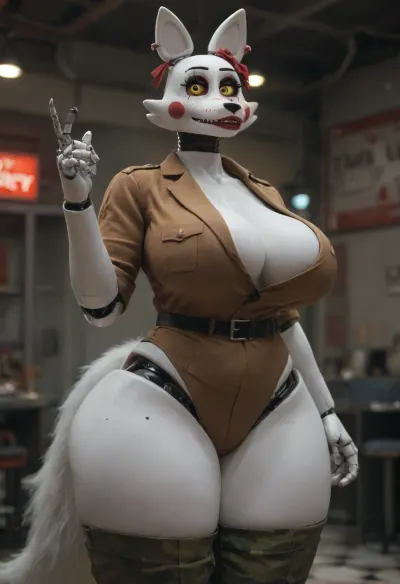 ((character, Funtime Foxy from nights at Freddy's)), big breasts, huge ass, huge thighs, ((((anthro fox, white skin), robotic joints))), strong body, USA military uniform, military pants, stands in the middle of a burnt city, aggressive face, 5 fingers, anthro girl
