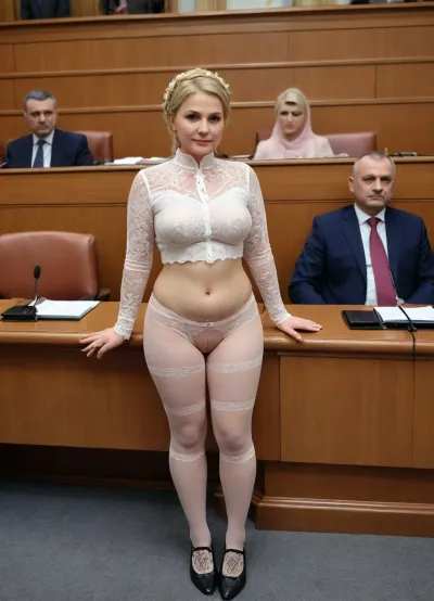 Masterpiece, extra quality photo, full body view from afar distance of Yuliya Tymoshenko, in Ukrainian Parlament, plump milf, 70 yo age, Ukrainian, (girl's braid around head), politics, public, female, (holding in hand a sign with one word "Xyecocka"), (milkmaid braids), big cellulite butt, (big labia cameltoe:1.7), (white unbuttoned blouse), (natural sagging tits), proportional body, perfect 5 fingers, (oiled glossyshiny skin), (no_panties:1.4), (lace stockings:1.4), (stiletto heels:1.2), (very much people background:1.4), <lora:add-detail-xl:2>, <lora:detailed_notrigger:2>