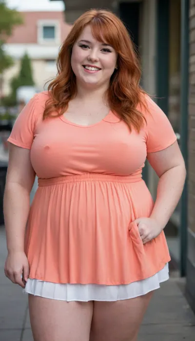 Pretty face, 19 year old obese woman, light red hair, brown eyes, large bust size, long white capri leggings, oversized short pleated peplum light orange dress, sneakers, standing, long straightened hair, bangs, recent weight gain, short sleeves, gorgeous, tight waistband, beautiful Daytime View from side Fully clothed, fully covered Standing, Laughing shopping, Side view Fat belly sticks out far in front Very fat bloated gut

Fat rolls under clothes chubby, bbw, venus, body, ass, <lora:Chubby BBW - XL:1.7>