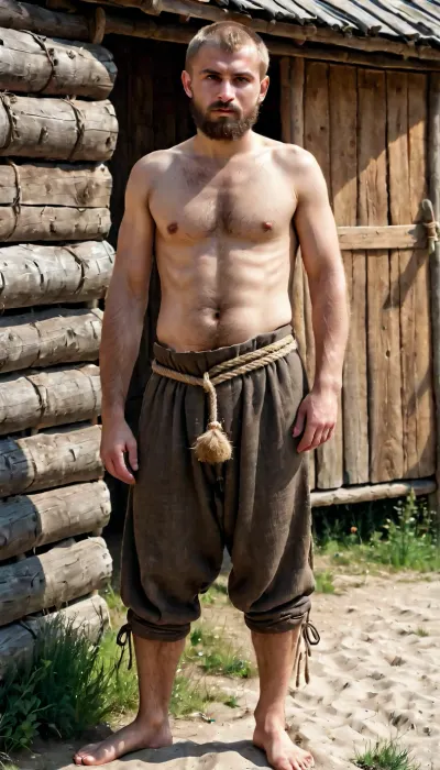 documentary style, authentic historical reconstruction, full-body portrait of an ordinary Slavic man, (27 years old), in medieval Rus. blonde short hair. short beard. Average, soft physique with no muscle definition, naturally very hairy chest and stomach. He wears a simple linen undershirt, (rubakha), untied and open over his hairy body, and plain medieval trousers, (portki), tied with a rope. The pants are slightly lowered, revealing a hairy pubic area. He stands in a village setting near a wooden shed. Earth tones, natural daylight, unposed, skin with imperfections, dirty hands and feet in simple footwear, <lora:sweaty_shirt_v5-28-B1-Rescale:.8>, handslora, <lora:Hands:.8>, <lora:Dramatic_penis_SDXL:.8>