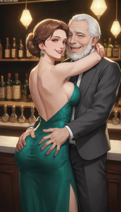 Russian, 1960s, very tall beautiful Russian brown elegant hair mother in pin-up style, she is wearing in short green flounce dress, a seductive face, beautiful brown eyes, stands in bar, very excited, The fright and embarrassment on her face, lustful, very ugly man in a suit, fat hairy bearded old men rough Hugging her and roughly strong groping her butt, roughly strong grabbing her ass, lustful mocking smile men's ugly face, groping and grabbing, men give her vulgar hints about sex, rear view