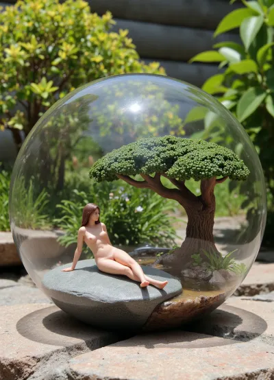 Photo of a terrarium, inside is a hyper-realistic scene of a sunbathing woman on a large flat rock by a river, around the terrarium is a bonsai garden, (miniature, woman), perfecteyes