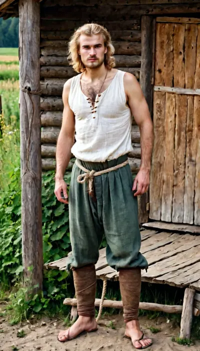 documentary style, authentic historical reconstruction, full-body portrait of an ordinary Slavic man, (27 years old), in medieval Rus. blonde hair. Average, soft physique with no muscle definition, naturally very hairy chest and stomach. He wears a simple linen undershirt, (rubakha), untied and open over his hairy body, and plain medieval trousers, (portki), tied with a rope. The pants are slightly lowered, revealing a hairy pubic area. He stands in a village setting near a wooden shed. Earth tones, natural daylight, unposed, skin with imperfections, dirty hands and feet in simple footwear, <lora:sweaty_shirt_v5-28-B1-Rescale:.8>, handslora, <lora:Hands:.8>, <lora:Puppy_Face:.8>