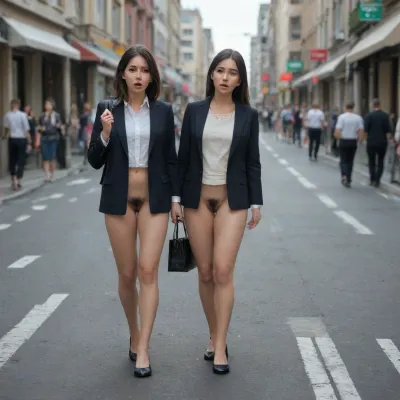shocked, one Japanese office lady with black hair wearing white blouse and dark blue business jacket holding black handbag, bottomless, naked full hairy pussy, on the crowded street, walking upright, from head to knees, shocked men looking, skirtlift