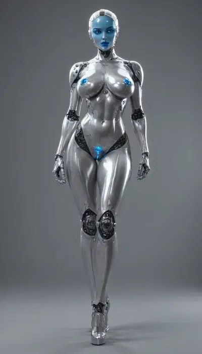 mechanical sexrobot, full body, large metal breasts, robot vagina, steel high heels, platinum body, platinum skin, aluminum fighter, hard white plastic exoskeleton, transparent blue body parts, blue eyes, blue lipstick, blue heels