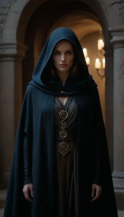 a photorealistic image in the style of a cinematic trailer based on Dune, showcasing the mysterious Bene Gesserit. Visual Style, Dark, unhurried, with elements of psychological horror and mysticism—like the films of David Lynch, but with an emphasis on feminine power and sacred danger.
Setting, A dark chamber deep within Leto Atreides' castle on Arrakis. The walls are covered in ancient symbols. The full length photograph shows a Bene Gesserit Jessica Atreides, motionless, with ice blue eyes glowing in the dim light. She is wearing a chainmail, over which floats a long, hooded cloak that reveals her chainmail on the sleeves. Technical Details, Lighting, Unidirectional, (as in Greg Rukowski's work), – deep shadows, the face illuminated by a cool blue light.
Color, Dark shadows + orange accents, (as in Dune 1984), but with enhanced blue for a mystical feel.
Atmosphere, The photograph should feel simultaneously sacred and brutal – the viewer should be simultaneously intrigued and terrified. Jessica Atreides is vulnerable and worried, but it's a charismatic priestess whom gaze is hypnotic . The ending leaves a sense of mystery.
Key Motifs, Visual Imagery, Scenes with the Bene Gesserit from Dune, (1984), .
Lighting, Roger Deakins' work in Blade Runner 2049, (contrast of shadow and light), .
High definition, 8K, HD, high quality, high detail, good lighting, beautiful, epic, masterpiece