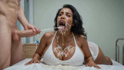 close-up of a white man's 18 inch thick monster penis, hard-on, big testicles, the white man is sitting on a hospital bed, masturbating, he is shooting a cumshot on the face of a naked busty black african woman, (milf:1.19), (massive breasts:1), (extremely long smooth black hair:1.5), (wide_hips:1.45), (Massive ass:1.2), (thick thighs:1.2), wearing a white tight short dress, The white woman is laying on her back, (gaping mouth:1.2), (ejaculation:1.5), ((realistic excessive thick runny cum all over her face and body), licking the dickhead of the white man's penis, mouthfull of cum, excessive cum dripping out of her open mouth, mouth full of cum, lots of very thick cum, loads of cum, woman, on, face, excessive bukkake, cum, facialized, superfacialized)