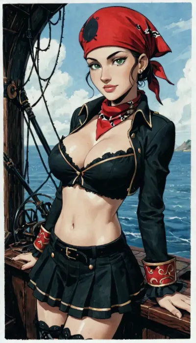 8k, score_9, score_8_up, score_7_up, Reiq feat Incase feat innv feat melkor mancin style, (beautiful female steampunk pirate), large firm breasts, cleavage underboob, midriff, short skirt, bandana, steampunk pirate setting, on a steampunk pirate ship, detailed green eyes, ratatatat74, cute, doodle, <lora:ratatatat74-000050:.8>, <lora:cutedoodle_XL-000012:.8>, <lora:NEOTOKIOXL_0.2_RC:.8>, <lora:outline_xl_kohaku_delta_spv5x:.8>