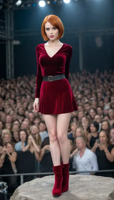1 Girl, (25 Years old, FULL BODY, Clonated face), (FLAT CHEST, Skinny, Shapely legs), (Blue eyes, Mischievous gaze), (Short hair, Bob cut, Redhead), (On a rock/metal stage in front of a massive audience), (Velvet V-neck blouse, red asymmetrical skirt, elegant rock metal style high boots), (Extrem long shot, Panoramic shot of her, FULL BODY)