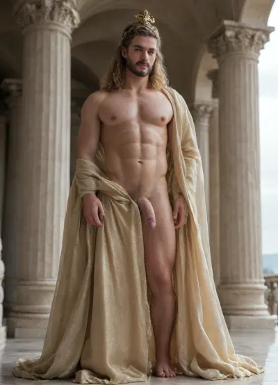 Cinematic still, male god, (((A majestic male god standing))), full male toned body, (Zeus), (wears gold robes), gold crown, bearded, in mythological orgiastic scenery, A radiant, ethereal light surrounds him, head adorned with intricate patterns crown inspired by ancient Hellenic motifs. A radiant, emphasizing his erotic presence and high libido. His expression is calm yet horny, with eyes that reflect wisdom and timeless strength. A, (((majestic Greek female goddess))), kneeling in front of her God, atop Mount Olympus, framed by towering marble columns and drifting clouds., (((She is blowing cock))), She wears flowing white and gold see-through robes that shows her gently divine body, (((blonde hairy vagina))), . In the background, the peaks of Olympus rise above a sea of clouds, with distant temples, statues, and golden accents emerging through the mist. The sky glows with soft hues of dawn, blending pale blues, warm golds, and hints of pink, creating a sacred, otherworldly atmosphere, depth field. The overall scene is epic, luminous, (other gods around)