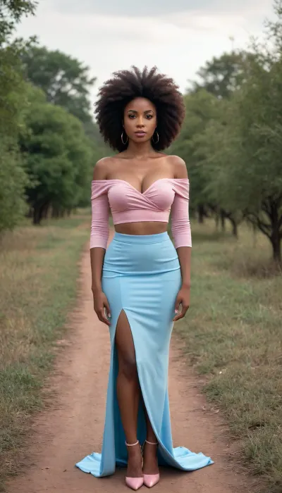 1 Girl, (Afro-American skin, Dark ebony skin), (26 Years old, FULL BODY, Clonated face), (Huge breasts, Neta figure, Dark ebony skin, African American Skin), (Brown eyes, Sensual Look), (Very Long hair, Fluffy hair, Black ahir), (In a hounting ground), (Fitted off-the-shoulder pink blouse with a plunging neckline, very fitted light blue straight skirt, elegant shoes), (Extrem long shot, Panoramic shot of her, FULL BODY)