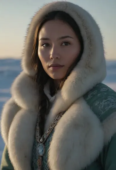 In a highly detailed, photorealistic Greenlandic setting, amidst the eternal ice and snow, full body view of a breathtaking woman stands in the frozen landscape, the pale light of the Arctic sun casting a soft glow. Dressed in traditional Inuit-inspired attire, with furs and intricate beadwork, she moves gracefully through the snow. As she gathers ice crystals and examines the frozen landscape, her eyes reflect both strength and serenity, captivating the viewer with a subtle, alluring gaze. The environment is a majestic blend of towering icebergs, shimmering snowfields, and the gentle dance of the northern lights overhead, creating a breathtaking, immersive ambiance. Every detail, from the texture of the ice to the intricate patterns of her clothing, is rendered with stunning realism, capturing the enchanting beauty and resilience of this Greenlandic woman, text, "Greenland belongs to us", <lora:text:.8>