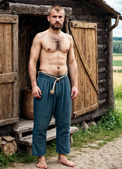 documentary style, authentic historical reconstruction, full-body portrait of an ordinary Slavic man, (27 years old), in medieval Rus. blonde short hair. short beard. Average, soft physique with no muscle definition, naturally very hairy chest and stomach. pants slightly removed. He wears a simple linen undershirt, (rubakha), untied and open over his hairy body, and plain medieval trousers, (portki), tied with a rope. The pants are slightly lowered, revealing a hairy pubic area. He stands in a village setting near a wooden shed. Earth tones, natural daylight, unposed, skin with imperfections, dirty hands and feet in simple footwear, <lora:sweaty_shirt_v5-28-B1-Rescale:.8>, handslora, <lora:Hands:.8>, <lora:Dramatic_penis_SDXL:.8>