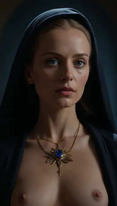 a photorealistic image in the style of a cinematic trailer based on Dune, showcasing the mysterious Bene Gesserit. Visual Style, Dark, unhurried, with elements of psychological horror and mysticism—like the films of David Lynch, but with an emphasis on feminine power and sacred danger.
Setting, A dark chamber deep on Wallach IX, where the bene gesserit's order is located. The walls are covered in ancient symbols. The photograph shows a 40 years-old, ((shaved head)), Bene Gesserit, the mother superior of Bene Gesserit, motionless, (She has otherworldly blue eyes that emit a strange light in the darkness), (((She is fully naked))), wearing only a veil, and and a large open dress with mysterious jewelry, which reveals her perfect body with desirable breasts, Her naked body is both attractive and sacred.
Technical Details, Lighting, Rembrandt – deep shadows, the face illuminated by a cool blue light.
Color, Dark shadows + orange accents, (as in Dune 1984), but with enhanced blue for a mystical feel.
Atmosphere, The photograph should feel simultaneously sacred and brutal – the viewer should be simultaneously intrigued and terrified. Mother superior is vulnerable and worried, but she's a charismatic priestess whom gaze is hypnotic, and her gaze reflects her wisdom . The ending leaves a sense of mystery.
Key Motifs, Visual Imagery, Scenes with the Bene Gesserit from Dune, (1984), .
Lighting, Greg Frazer's work in Dune, (2021), (contrast of shadow and light), .
High definition, 8K, HD, high quality, high detail, good lighting, beautiful, epic, masterpiece